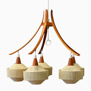 Five-Armed Ceiling Lamp in Teak with Wrapped Shades, 1960s