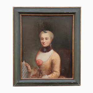 Retrato de una dama con partitura, siglo XVIII, óleo sobre lienzo, enmarcado