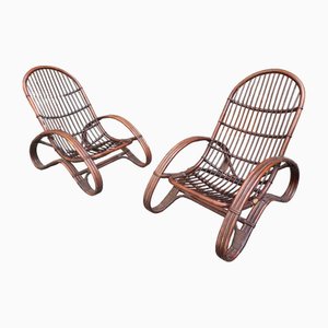Garden Armchairs in Malacca and Bamboo by Tito Agnoli, 1960s, Set of 2