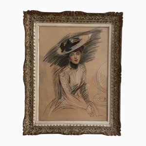 Edgar Chahine, Jeune élégante au chapeau, 1900, Chalk & Pastel on Paper, Framed