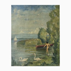 Jules Gaillepand, La baigneuse aux cygnes, Pointe à la Bise Genève, óleo sobre lienzo