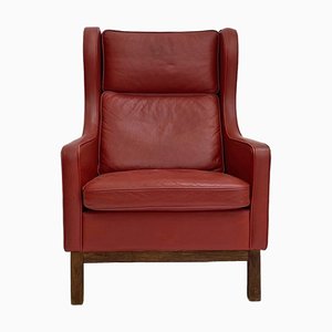 Danish High Back Armchair in Red Leather and Oak by Mogens Hansen, 1960s