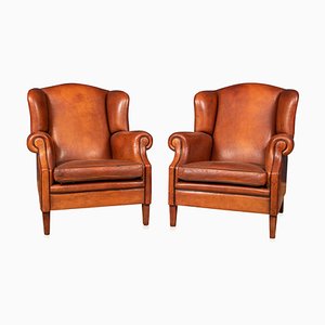 20th Century Dutch Sheepskin Leather Wingback Club Chairs, Set of 2