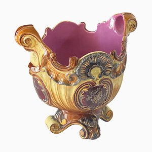 French Majolica Cachepot with Foliage Decor, 19th Century
