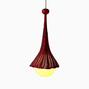 German Red Wicker and Glass Pendant Lamp, 1950s
