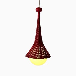 Lampe à Suspension en Osier Rouge et Verre, Allemagne, 1950s