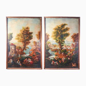 Landscapes, Oil Paintings on Canvas, 1800, Framed, Set of 2