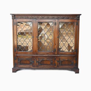 Antique Oak Book Cabinet with Hand Carving and Glass, 1920s