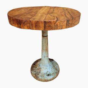 Industrial Round Standing Table in Cast Iron and Oak