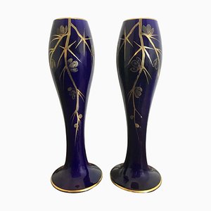 Art Deco Vases in Blue and Gold Porcelain from Maurice Pinon Heuze, 1920, Set of 2