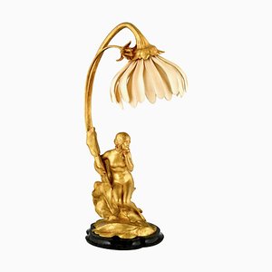 Lampe Art Nouveau en Bronze Doré par Maurice Bouval, 1906