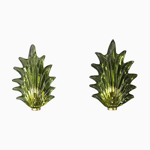 Applique in vetro di Murano verde oliva e ottone di Barovier, anni '80, set di 2