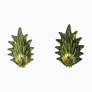 Barovier Olive Green Murano Glass Leaf & Brass Sconces, 2000, Set of 2