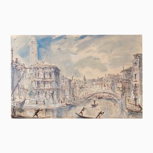 Bruno Martini, Gondoliers à Venise, Watercolor on Paper, Framed