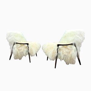 Vintage Art Deco Occasional White Sheepskin Armchairs, Set of 2