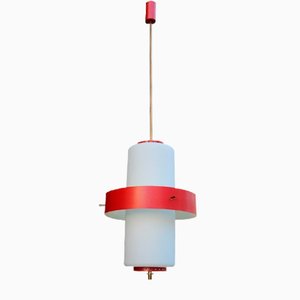 Pendant Lamp in Brass Glass and Red Lacquered Metal by Angelo Brotto for Esperia, 1950