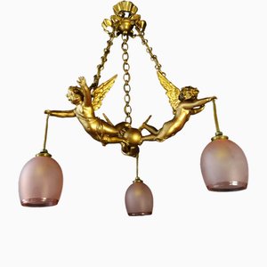 Antique French Ceiling Lamp with Three Angels, 1890s
