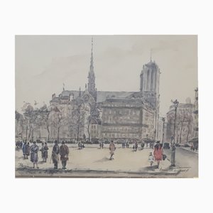 Henri Noizeux, Place de l'hôtel de ville, Paris, Watercolor on Paper, Framed