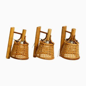 Italienische Vintage Bambus Wandlampen mit Wiener Geflochtenen Lampenschirmen, 1980er, 3er Set