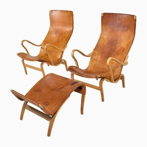 Leather Pernilla Easy Chairs with Ottoman by Bruno Mathsson for Firma Karl Mathsson, 1970s, Set of 3