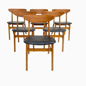 Danish Teak & Black Vinyl Model 210 Dining Chairs from Farstrup Møbler, 1960s, Set of 6