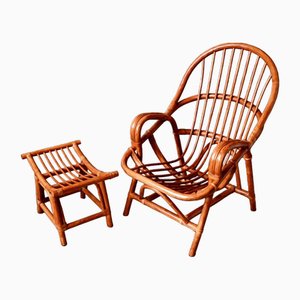 Rattan Armchair with Ottoman, 1970s, Set of 2