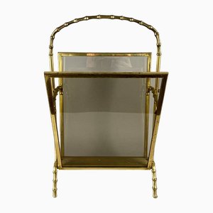 Vintage Gilt Bronze Magazine Rack with Faux Bamboo Base and Handle by Maison Baguès, France, 1960