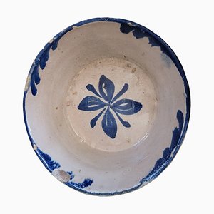 Glazed Ceramic Hanging Dish with Blue Flower, Early 20th Century
