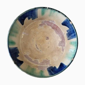 Piatto antico in ceramica smaltata blu e verde, Spagna, XIX secolo