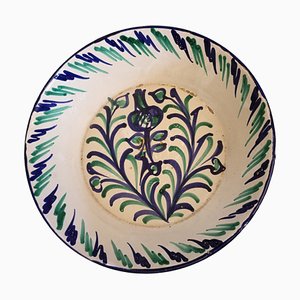Antique Green and Blue Glazed Ceramic Dish with Large Central Foliage, Spain, 19th Century