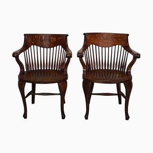 Set of Edwardian English Oak Spindle Back Captains Office Desk Chairs