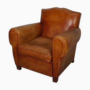 Vintage French Moustache Back Cognac-Colored Leather Club Chair