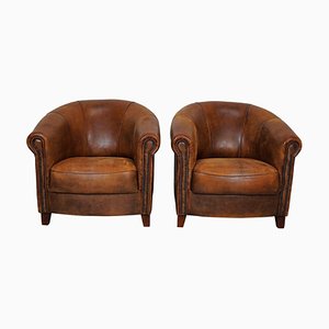 Vintage Dutch Cognac Colored Leather Club Chairs, Set of 2