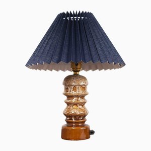 Vintage Orange & Brown Ceramic Glazed Table Lamp with Navy Pleated Shade, 1970s