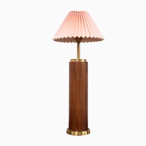 Teak & Brass Cylindrical Desk Lamp with Pleated Pink Shade, 1960s