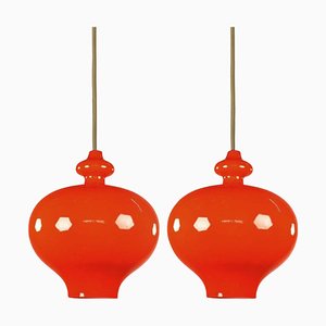 Lampes à Suspension en Verre Orange par Hans-Agne Jakobsson pour Staff, 1960s, Set de 2