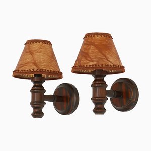 Wall Lamps in Stained Pine & Faux Leather Shades, Denmark, 1950s, Set of 2