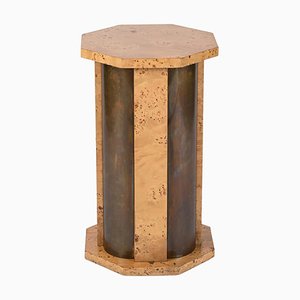 Octagonal Pedestal in Burl Wood and Brass by Tommaso Barbi, Italy, 1970s
