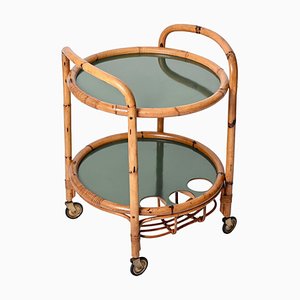Mid-Century Serving Cart in Bamboo, Rattan and Green Formica, Italy, 1970s