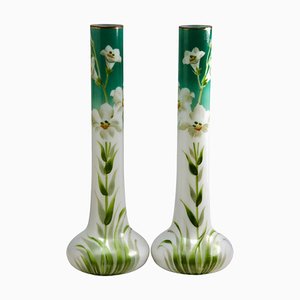 Vases Art Nouveau en Verre Opalin Peints à la Main, France, 1920s, Set de 2