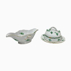 Chinese Bouquet Apponyi Green Butter Dish and Sauce Boat in Porcelain from Herend, 1960s, Set of 2