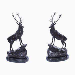 Grandes Statuettes Cerf en Bronze d'après Moigniez, 20ème Siècle, Set de 2