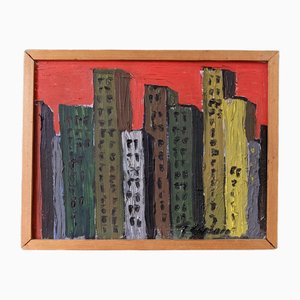 Artiste Suédois, Skyline Mini Landscape, 1950s, Huile sur Panneau, Encadré