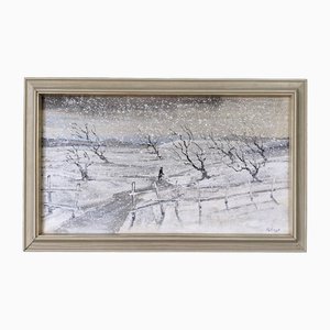 Artiste Suédois, Snowfall, 1950s, Huile sur Toile, Encadrée