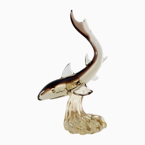 Large Vintage Italian Shark in Brown and Amber Murano Glass from Seguso, 1960s