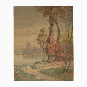 Joseph Ferrero, Bord du lac en automne, Acquarello su carta, Con cornice