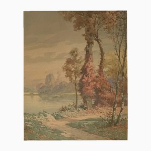 Joseph Ferrero, Bord du lac en automne, Aquarelle sur Papier, Encadré