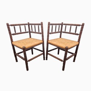 Vintage Bobbin Wood and Rush Corner Chairs, 1950s, Set of 2