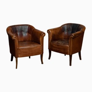 Late 19th Century Swedish Tan Nailed Leather Lounge Chairs, 1890s, Set of 2