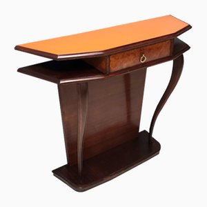 Vintage Beech & Walnut Root Console Table with an Orange Glass Top, Italy, 1950s